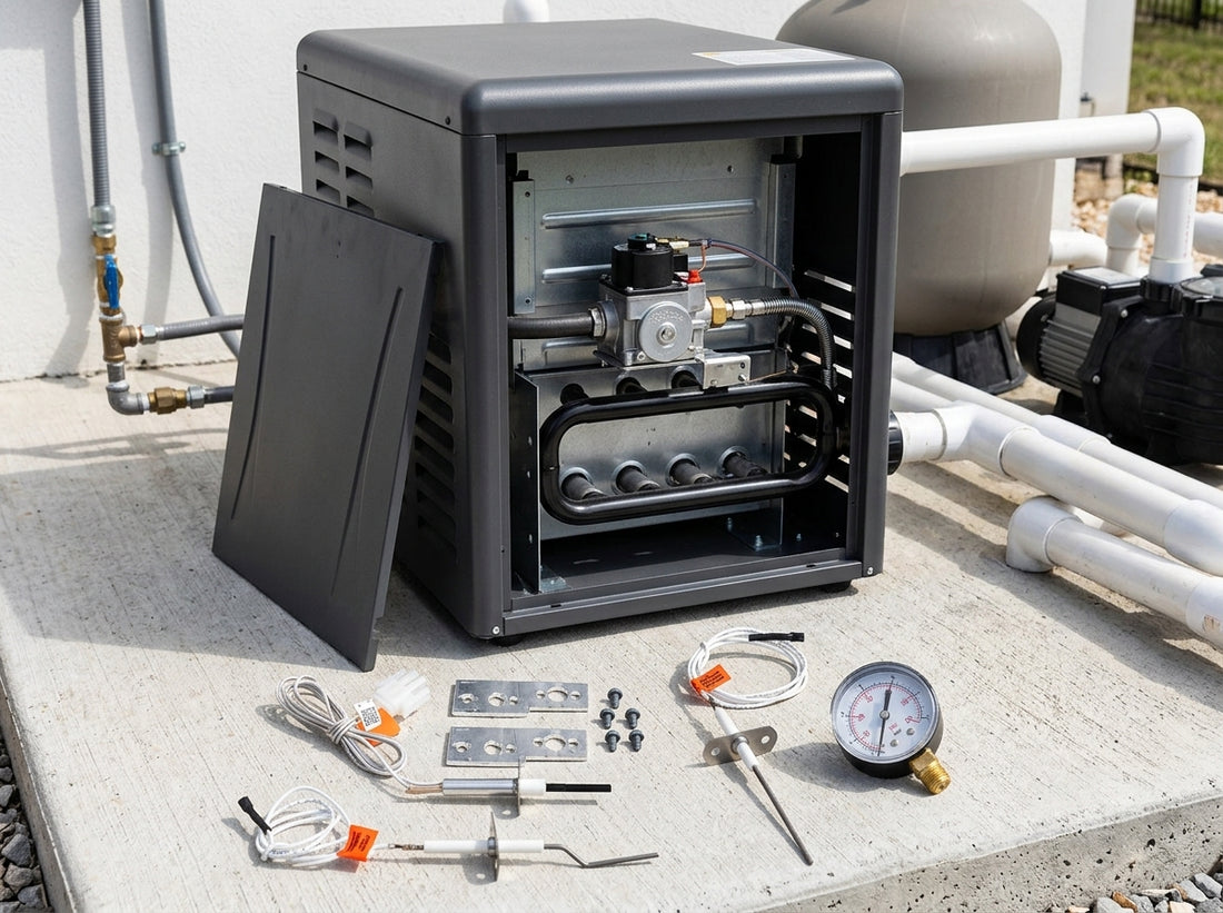 Pool heater service parts laid out on a daylight equipment pad