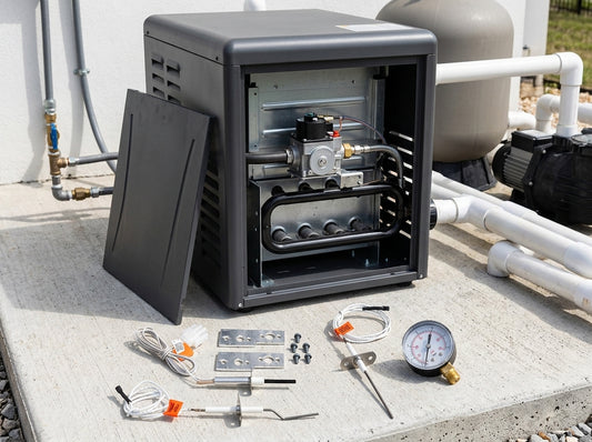 Pool heater service parts laid out on a daylight equipment pad