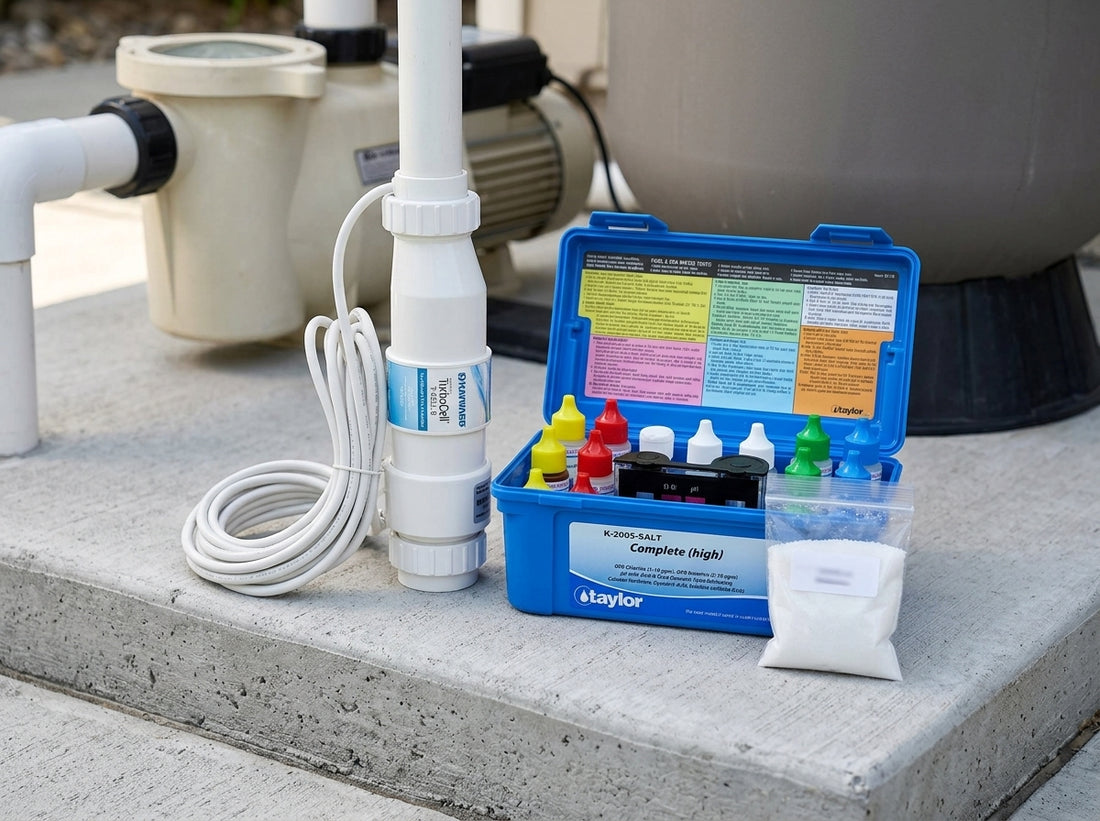 Hayward salt cell with test kit on a daylight equipment pad