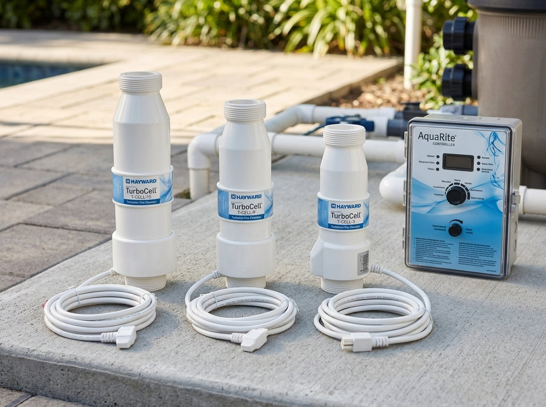 Three Hayward TurboCell replacement sizes on a daylight equipment pad