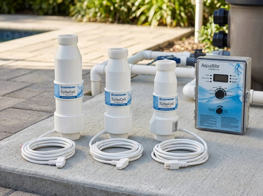 Three Hayward TurboCell replacement sizes on a daylight equipment pad