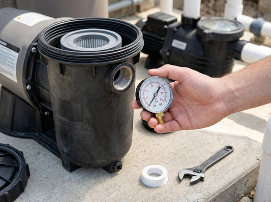 Replacement pool filter pressure gauge on an equipment pad in daylight