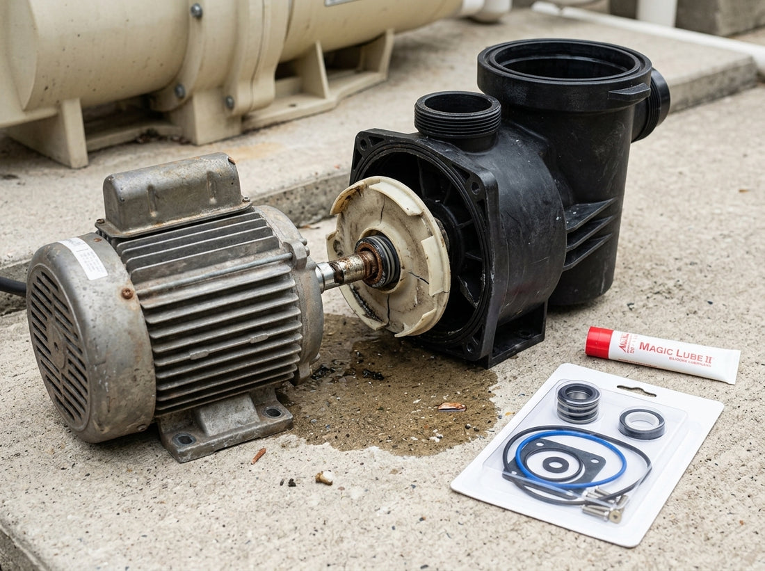 Disassembled pool pump with new shaft seal kit on daylight equipment pad