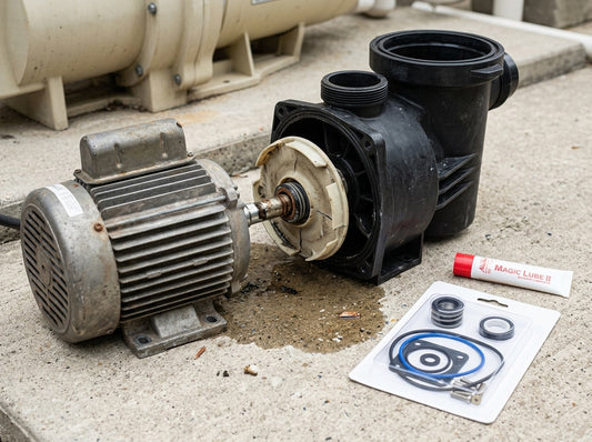 Disassembled pool pump with new shaft seal kit on daylight equipment pad