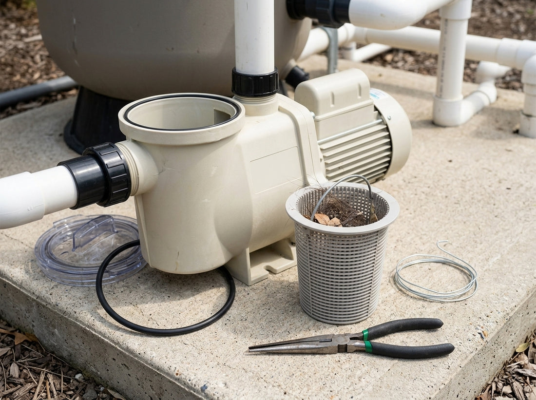 Open pool pump strainer with debris cleared, basket and tools on equipment pad