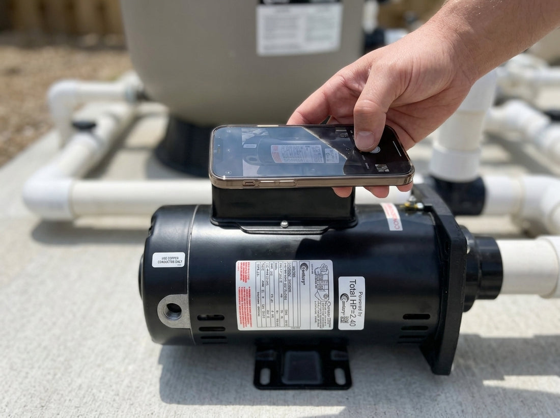 Pool pump motor with data plate visible on a daylight equipment pad