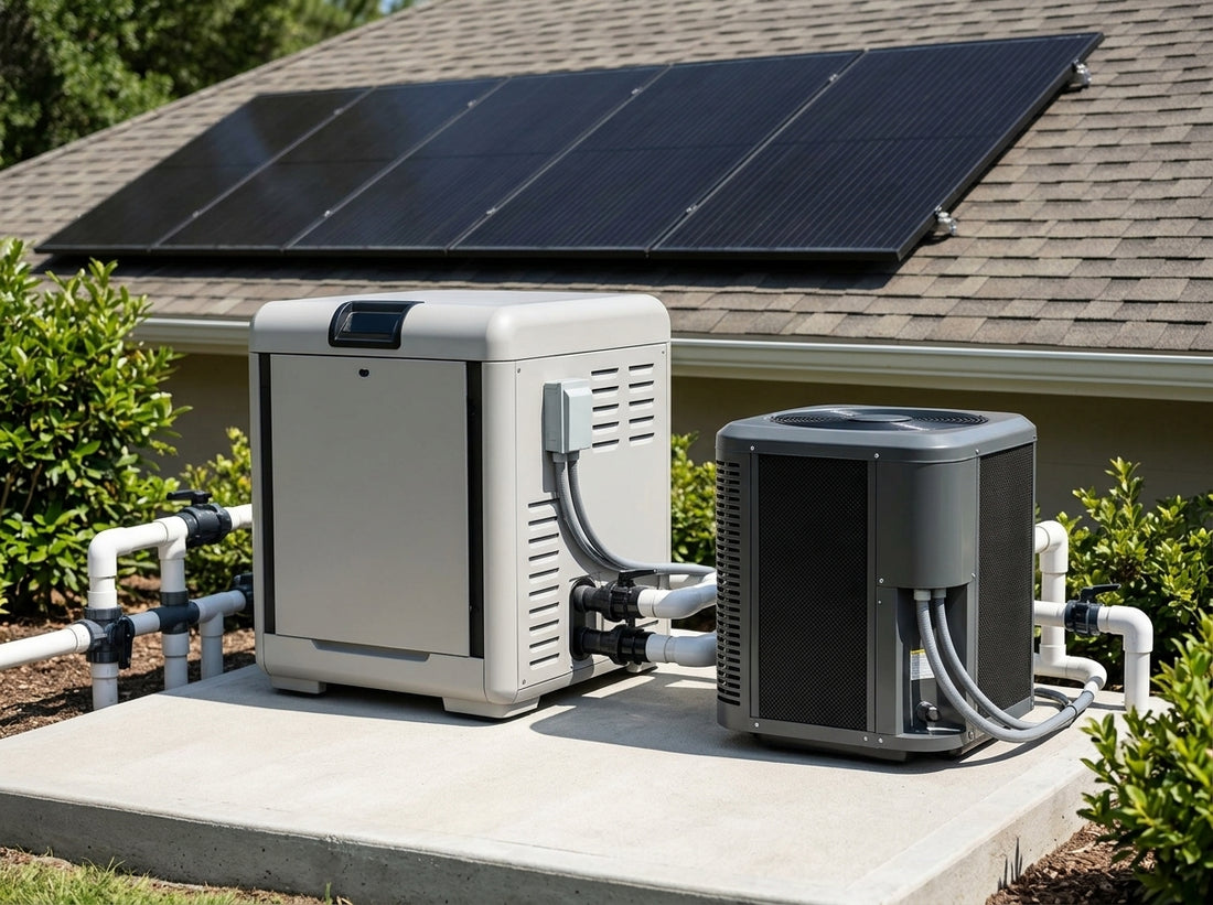 Pool heater types on a daylight equipment pad with solar panels in background