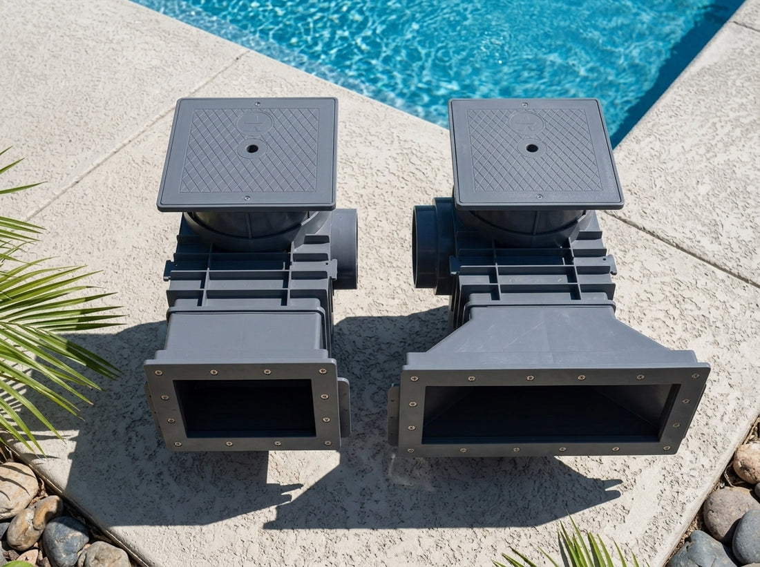 Two pool skimmer assemblies on a daylight pool deck