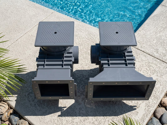 Two pool skimmer assemblies on a daylight pool deck
