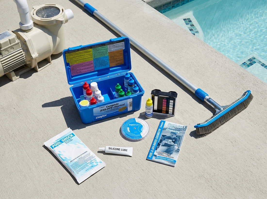 Pool starter kit laid out on a poolside deck in daylight