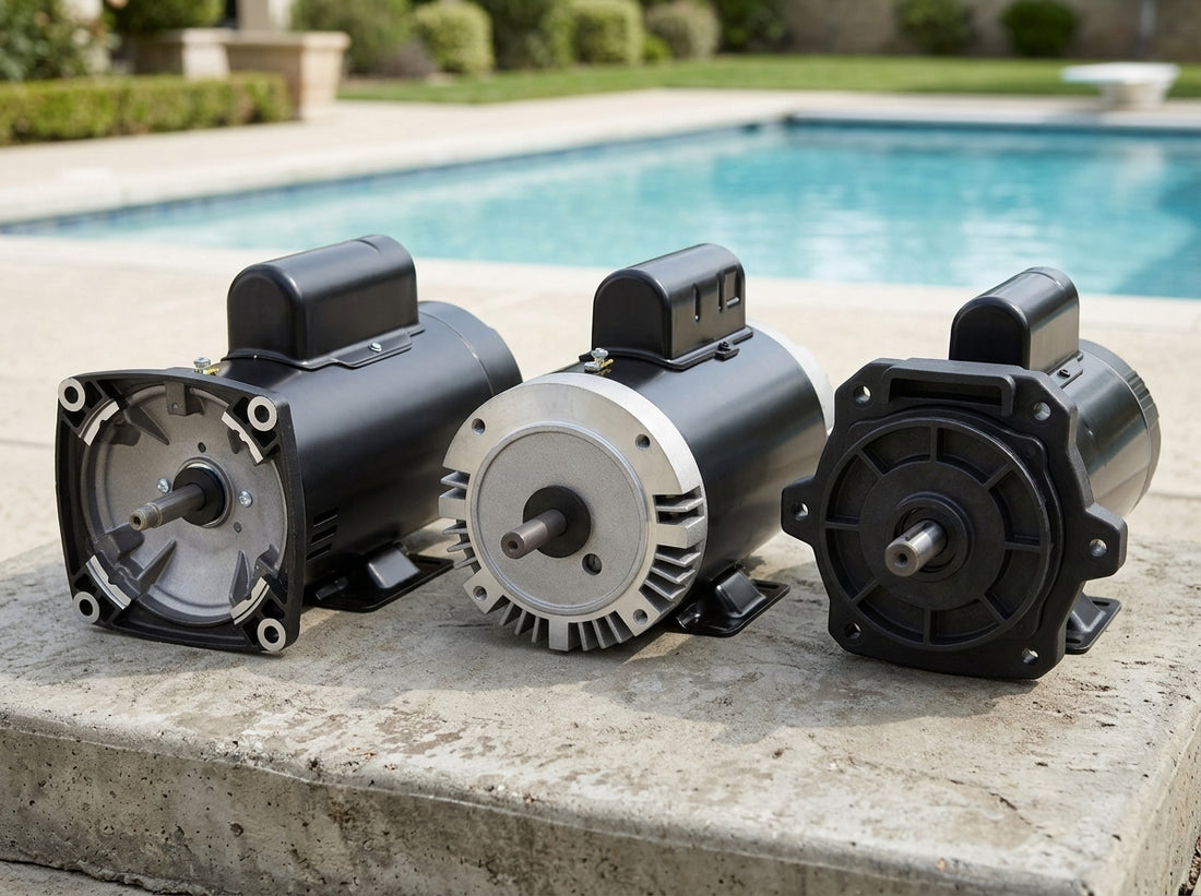 Three pool pump motors lined up on a daylight equipment pad