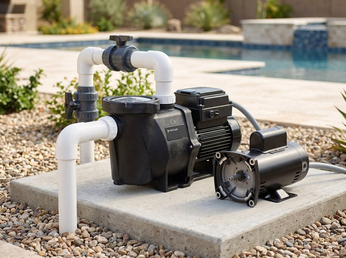 Variable speed and single speed pool pumps side by side on equipment pad