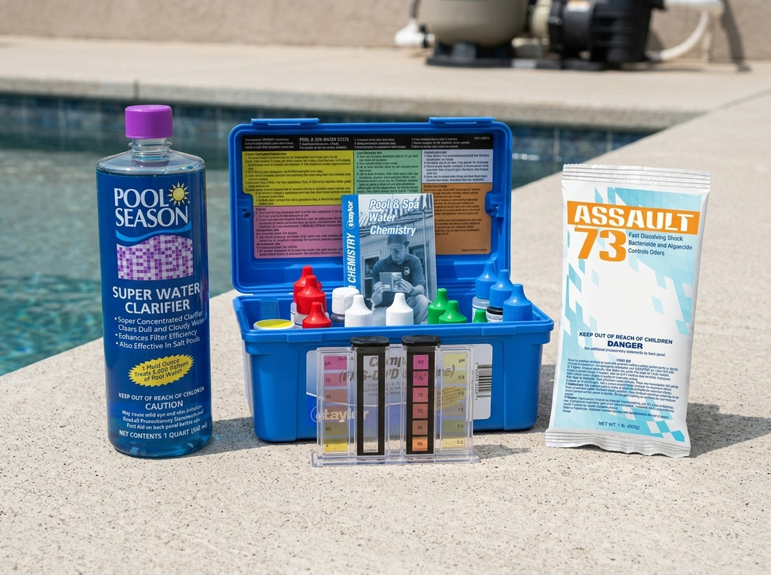 Pool clarifier and test kit on a daylight pool deck