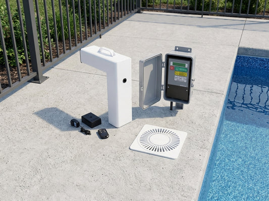 Pool safety equipment laid out near a fenced pool perimeter