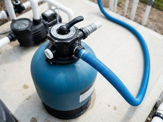 Hayward DE filter in backwash mode with hose extended on a daylight pad