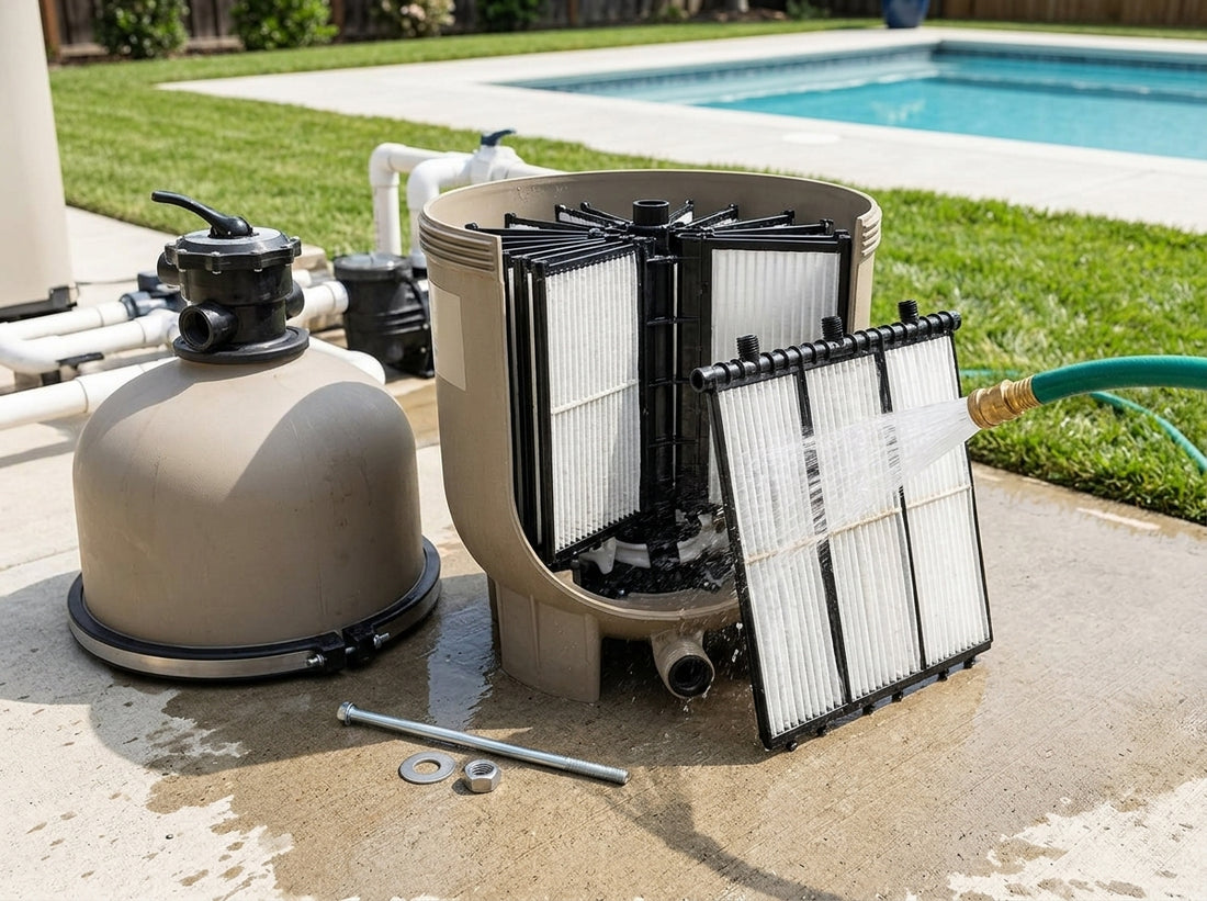 Open Hayward DE filter with grids being cleaned on a daylight pad
