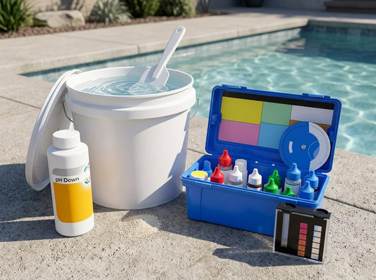 Pool pH down reducer and test kit on a daylight pool deck