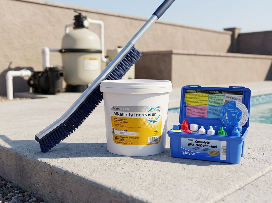 Pool alkalinity increaser and test kit on a daylight equipment pad
