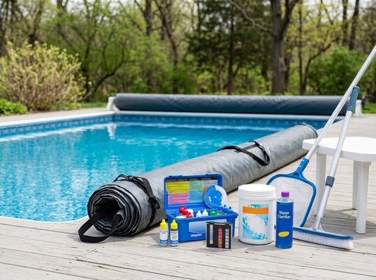 Pool opening supplies on a daylight pool deck