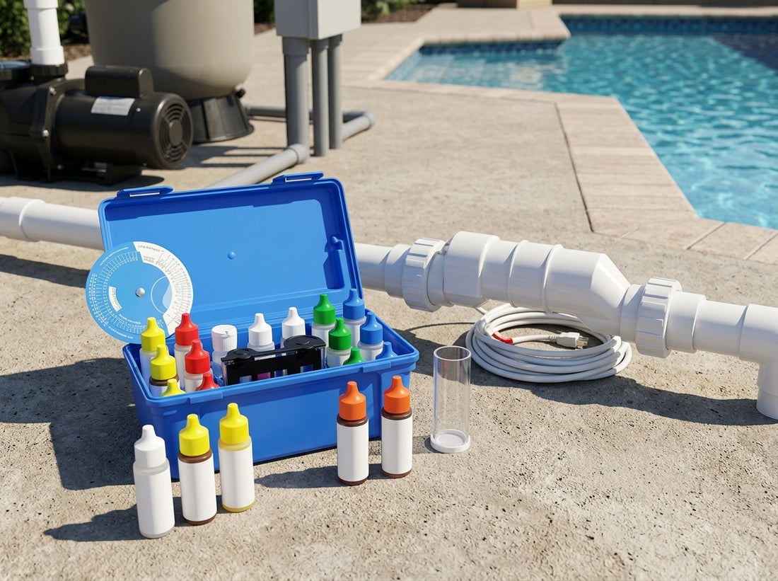 Taylor salt test kit on a daylight pool deck with salt cell