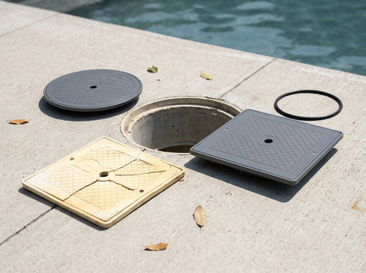 Pool skimmer with new replacement lid on a daylight deck