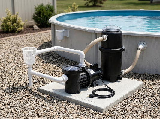 Waterway above-ground pool pump on a daylight equipment pad