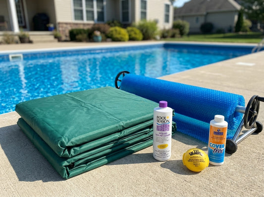 Pool covers and liquid solar covers on a daylight pool deck