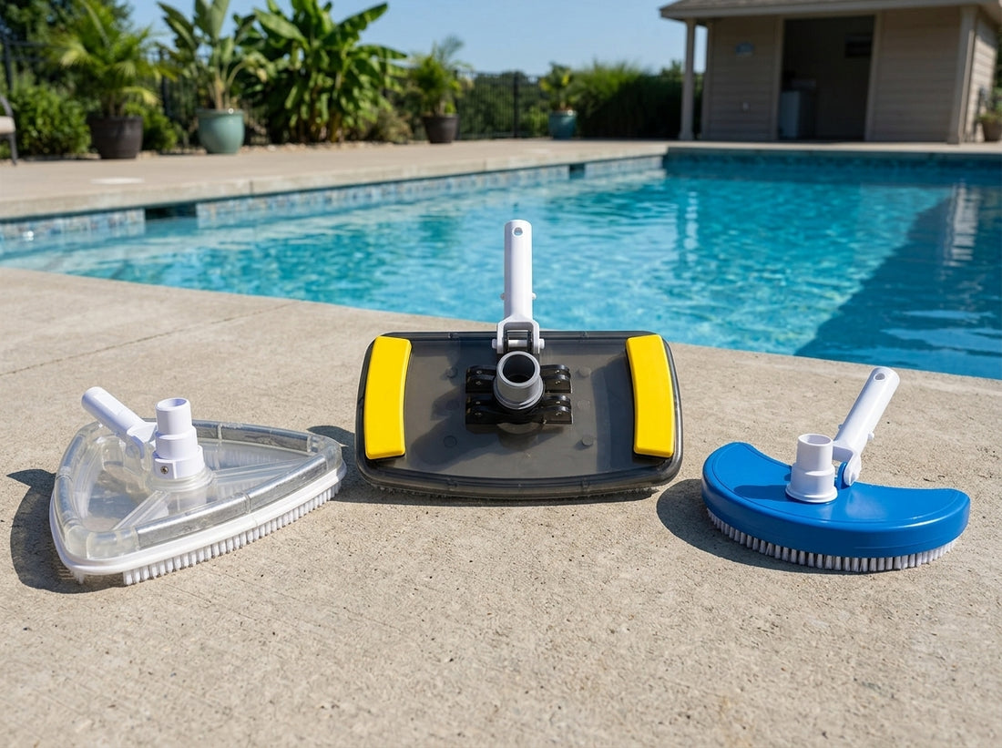 Three pool vacuum heads on a daylight pool deck