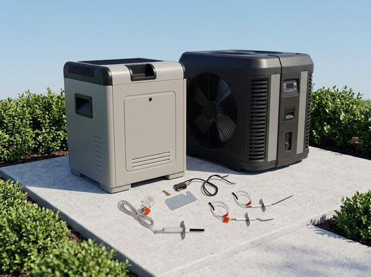 Pool heaters and accessories on a daylight equipment pad