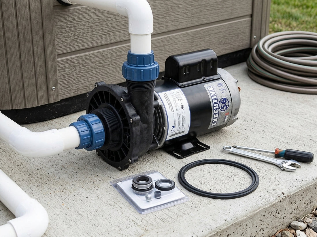 Spa circulation pump and seal kit on a daylight equipment pad