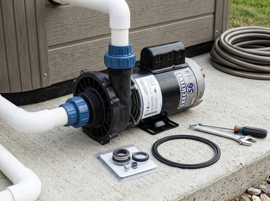 Spa circulation pump and seal kit on a daylight equipment pad