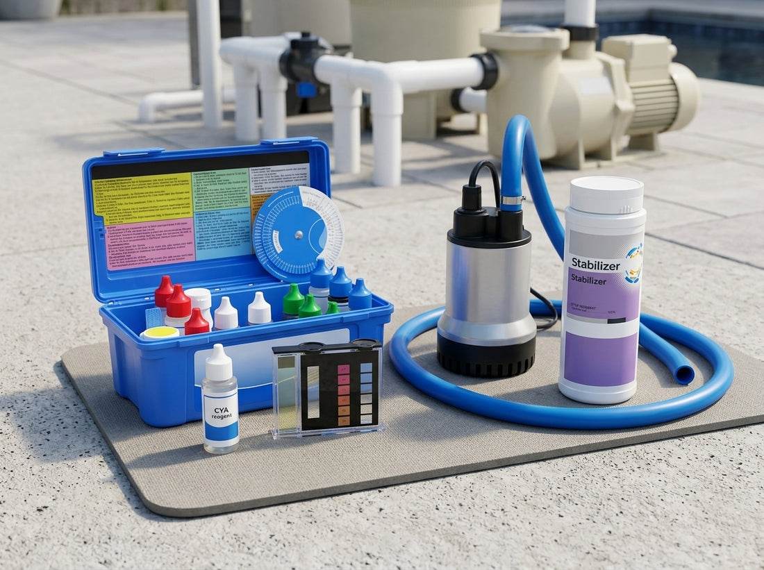 Pool test kit and stabilizer for CYA reduction on a daylight pad