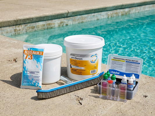 Pool stain treatment tools and chemicals on a daylight deck