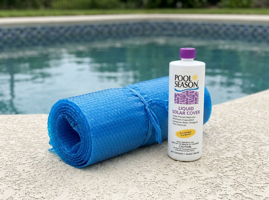 Solar pool cover and liquid solar blanket on a daylight pool deck