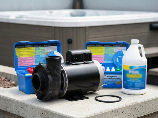 Spa pump and pool test kit on a daylight equipment pad