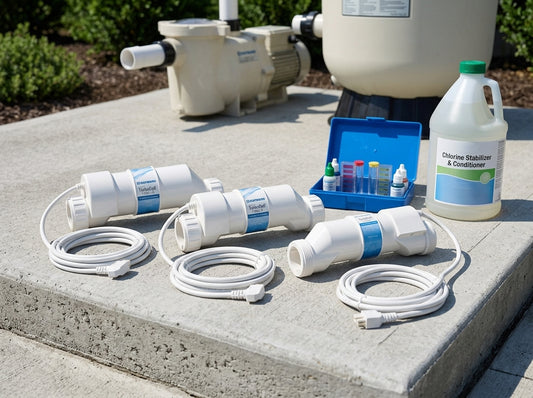 Hayward salt cells of different sizes on a daylight equipment pad