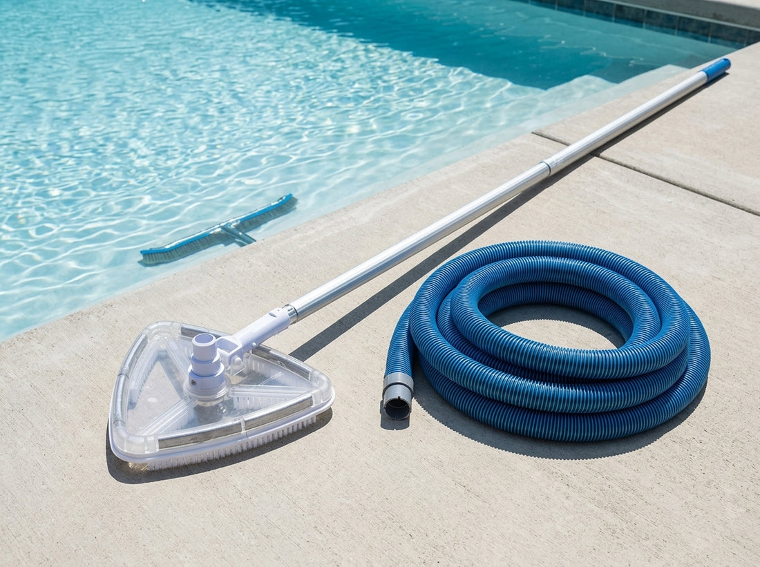 Pool vacuum head and pole on a daylight pool deck