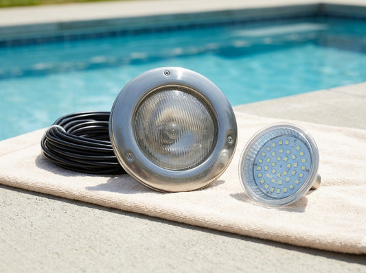 Pool light fixture with replacement bulb on a daylight deck