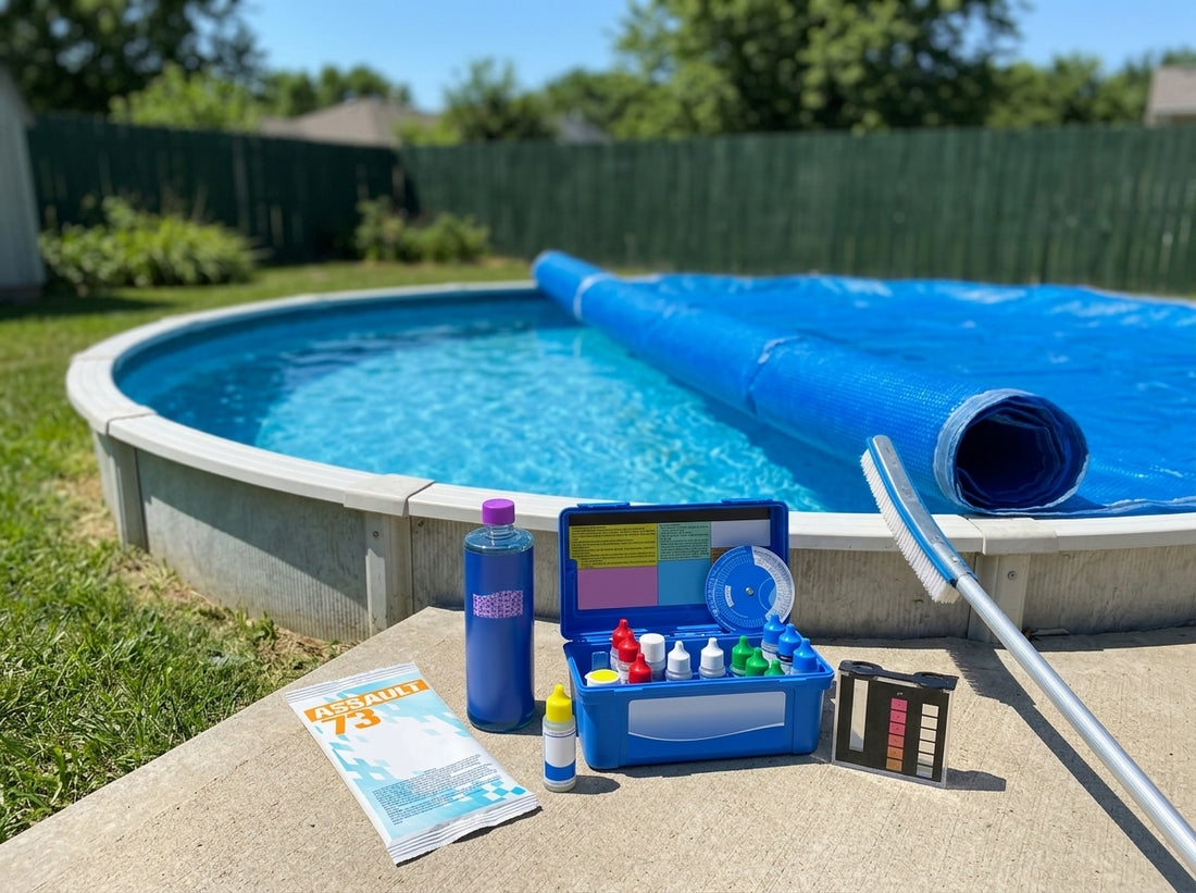 Above-ground pool spring opening supplies on a daylight deck