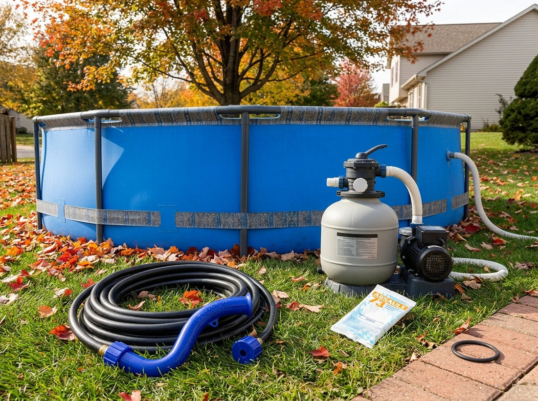 Above-ground pool winter closing supplies on a daylight deck