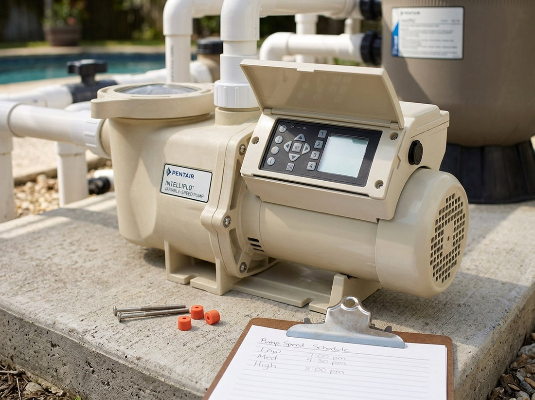 Variable speed pool pump with keypad on a daylight equipment pad