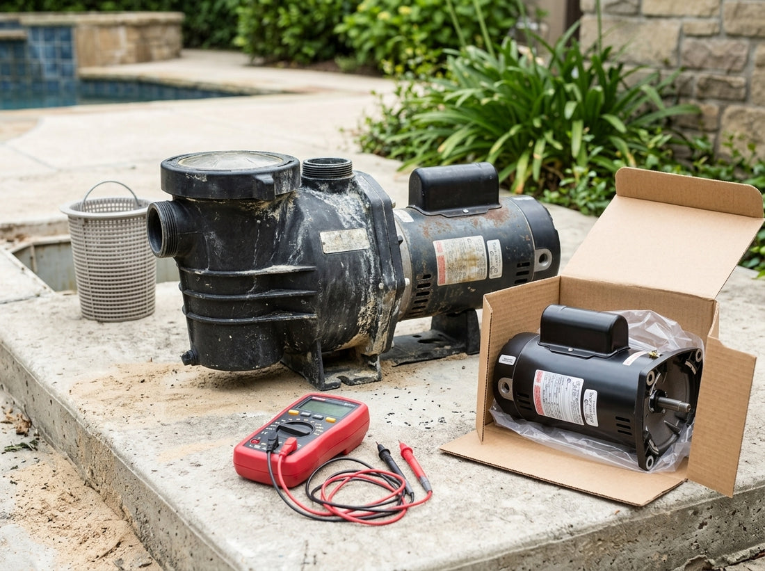 Pool pump and motor diagnostic tools on a daylight equipment pad