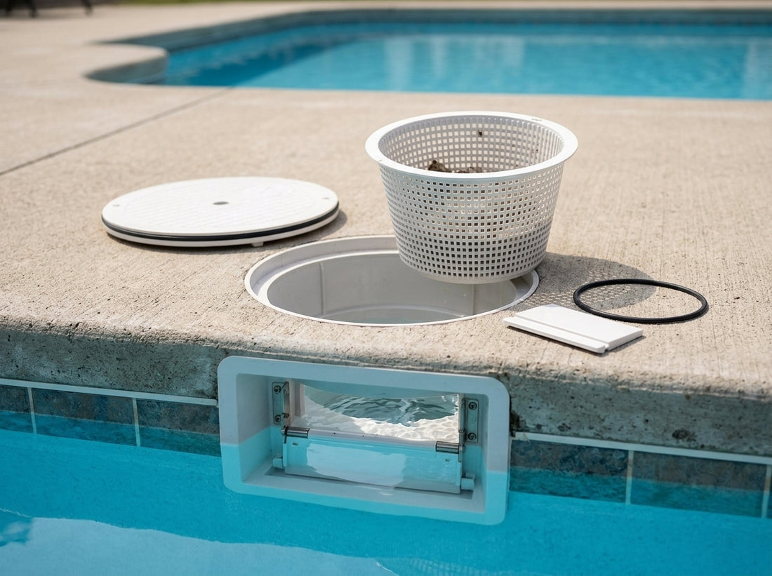 Pool skimmer weir door replacement on a daylight deck