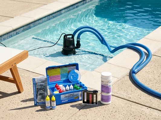 Pool partial drain setup with submersible pump on a daylight deck