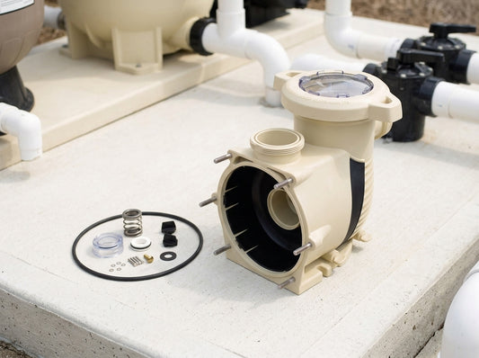 Pentair WhisperFlo replacement parts on a daylight equipment pad