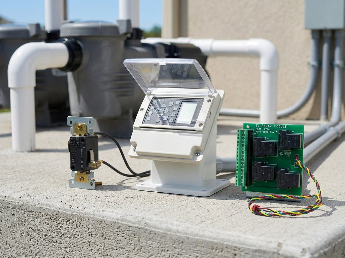 Smart pool timer and automation parts on a daylight equipment pad