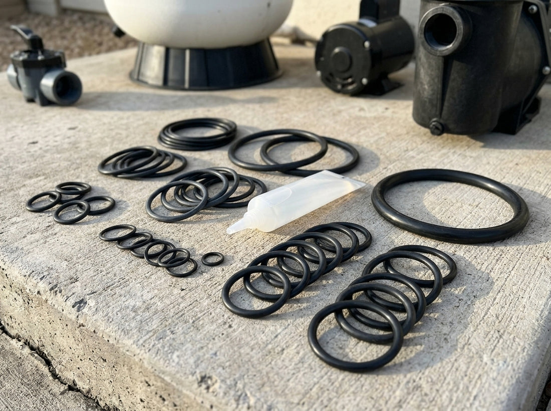 Pool o-rings and gaskets laid out on a daylight pad