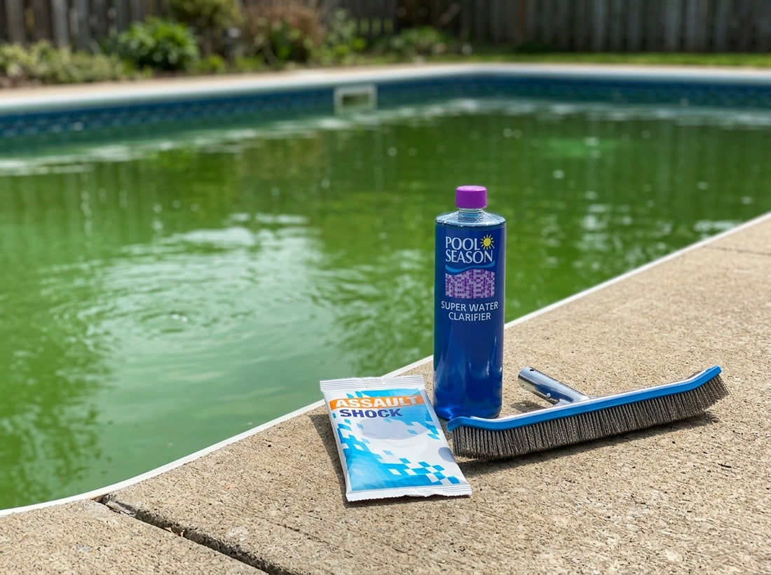 Green pool with recovery supplies on a daylight deck
