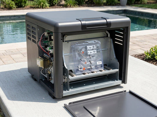 Open gas pool heater with ignition kit on a daylight equipment pad