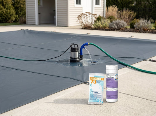 Pool winter cover and chemicals on a daylight deck